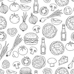 Vector background pattern of hand-drawn kitchen ingredients and burger icons, isolated on white.