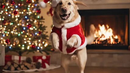 Dog celebrating Christmas the fireplace with holiday decorations - Powered by Adobe