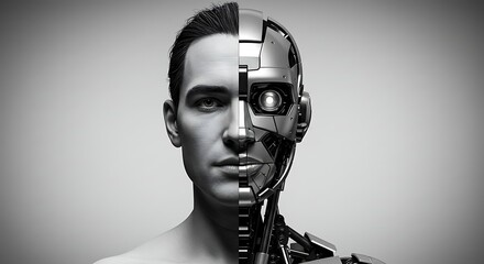Composite shot of human and robot faces side-by-side, exploring identity and tech