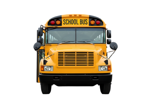 Yellow School Bus Front View Isolated on Black Background Represents Education