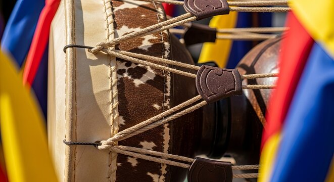Close-up detail of brown cowhide leather boat fender covers with rope grommets and nautical rigging against colorful yacht hull background