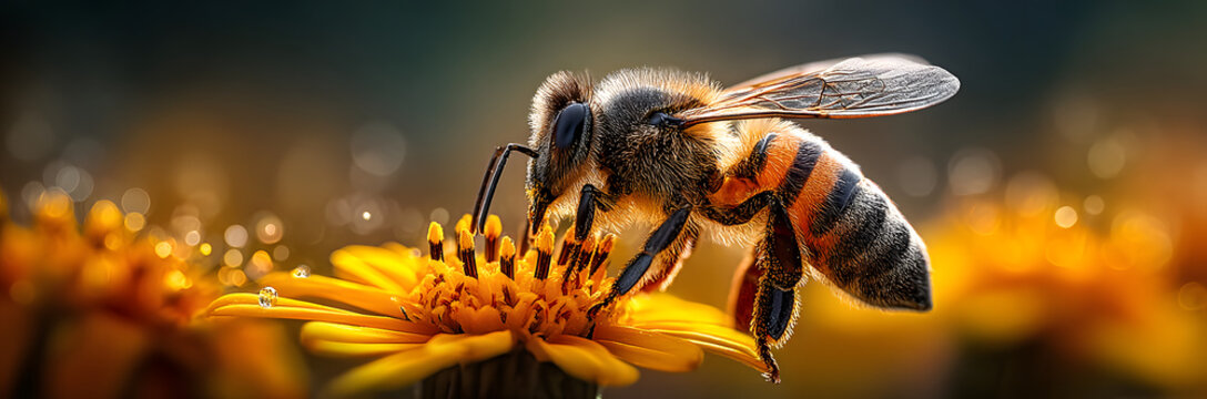 Bee pollinating vibrant yellow sunflower in bright sunlight close-up nature scene. - Powered by Adobe