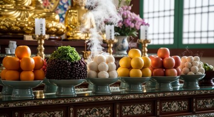 Traditional Korean Buddhist temple altar with ceremonial fruit offerings arranged on ornate green celadon pedestals with golden Buddha statue and incense smoke
