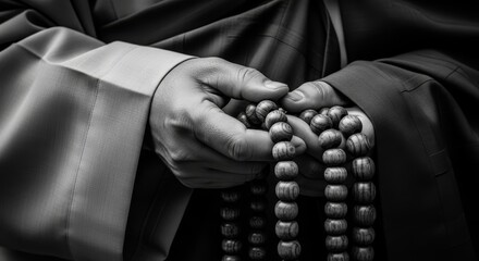 Asian person in traditional robes holding wooden prayer beads mala rosary in cupped hands during meditation spiritual practice black and white photography