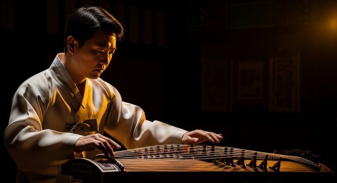 Asian man in traditional white hanbok playing guzheng zither instrument with warm golden dramatic lighting against dark background