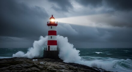 Red and white lighthouse on rocky shore with waves crashing against it under a stormy sky landscape