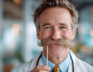 Doctor holding stethoscope and mustache on stick celebrating movember