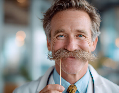 Doctor holding stethoscope and mustache on stick celebrating movember