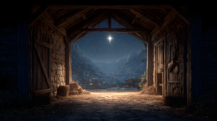 A serene Nativity scene, a rustic stable bathed in ethereal light, where a glimmering star hangs in the heavens above. The manger sits empty. ..Created with Generative AI, not depicting real subjects.