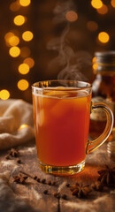 Cup of hot spiced tea with steam rising gently in a cozy holiday setting