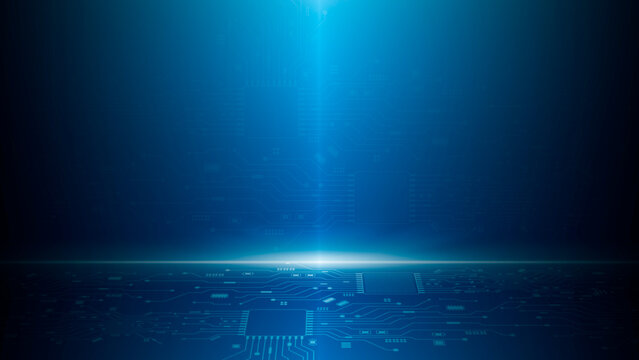 Digital circuit board technology futuristic banner dark blue background  Artificial General Intelligence, AI DevOps software development innovation in digital transformation for modern graphic design