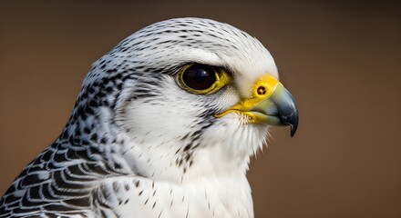 Fototapeta premium Close-up of a gyrfalcon head showing its distinctive markings and sharp features against a blurred b