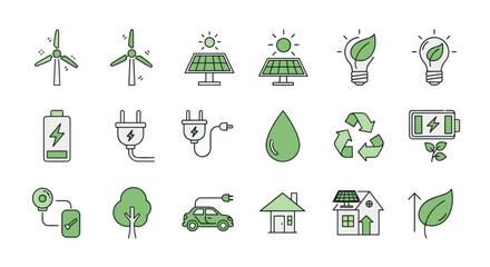 Green energy simple line icons set, renewable energy, electricity, ecology, editable stroke icon vector. Ordered line icon set on white background. Includes wind turbines, solar panels, light bulbs