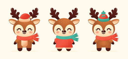 Cute Christmas Reindeer Cartoon Characters Set Collection.