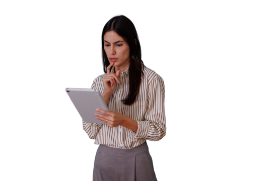 Young businesswoman standing, looking pensive and focused while holding a tablet, searching for information, transparent background - Powered by Adobe