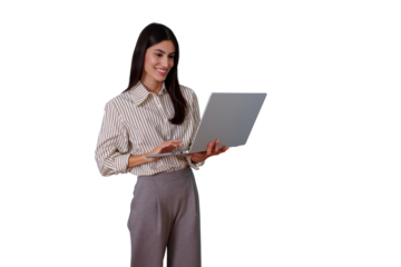 Professional business woman standing, smiling, working on laptop remotely, connecting to technology, transparent background