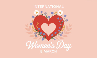 A vibrant illustration of a heart decorated with flowers representing love, unity, and celebration of women's achievements on International Women's Day, 8 March.