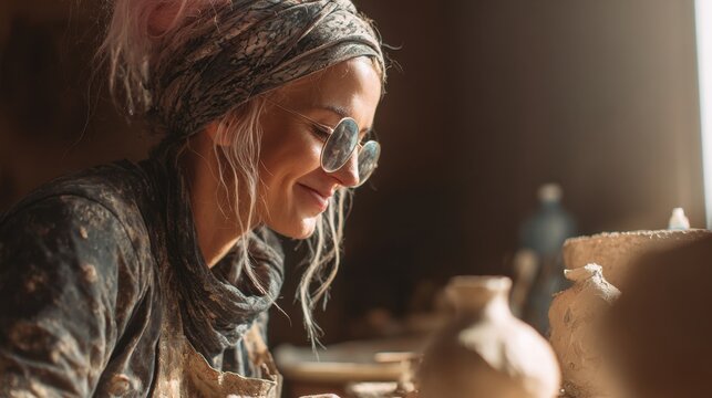 Female Potter Wearing Glasses Smiling While Shaping Clay in Studio - Powered by Adobe