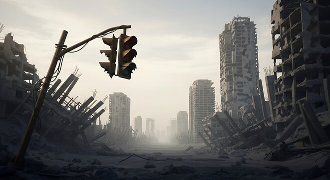 Deserted street in a post-apocalyptic ruined city with crumbling buildings and a lone broken traffic light