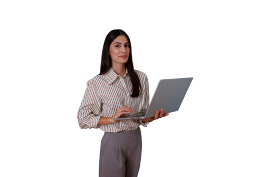 Professional businesswoman holding laptop, typing and smiling on a transparent background, presenting modern solutions - Powered by Adobe