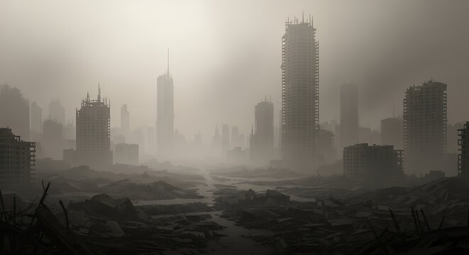 Eerie post-apocalyptic cityscape engulfed in heavy fog with towering ruined buildings and vast debris fields