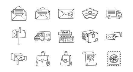 A comprehensive collection of line art icons representing postal services and mail delivery, including envelopes, a post office building, a mailbox, delivery trucks, packages, a postal worker's cap