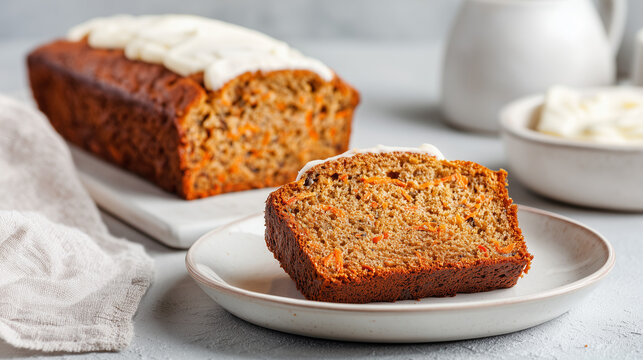 Carrot Cake Loaf with Cream Cheese Frosting and Walnuts &ndash; Sliced Flat Lay Top View, Natural Daylight Baking Concept