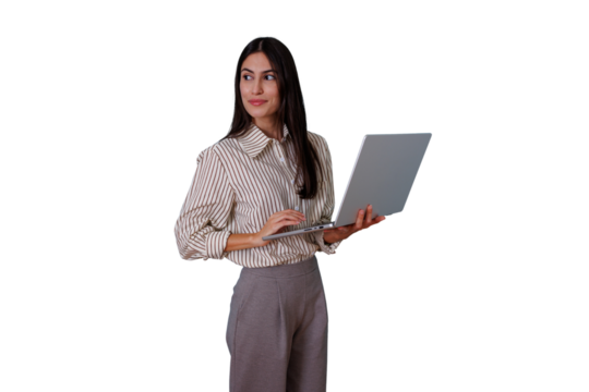 Young businesswoman standing, working on laptop, and smiling. Transparent background for easy integration into designs