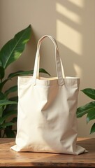 Eco Friendly Tote Bag Mock-Up on Wooden Table with Greenery and Natural Sunlight Minimal Sustainable Style