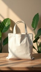 Eco Friendly Tote Bag Mock-Up on Wooden Table with Greenery and Natural Sunlight Minimal Sustainable Style