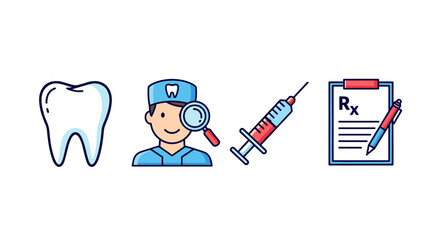Vivid and descriptive set of simple, flat design icons related to dentistry, featuring a healthy tooth, a dentist with a magnifying glass, a medical syringe, and a prescription form with a pen
