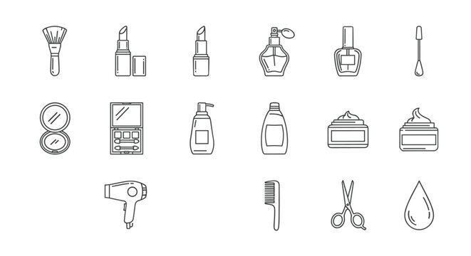 A comprehensive collection of beauty and cosmetic line art icons, featuring essential items like makeup brushes, lipsticks, perfumes, nail polish, compacts, eyeshadow palettes, creams, lotions, hair - Powered by Adobe