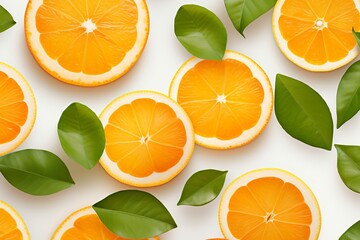 Flatlay of Orange Slices and Leaves on White Background
