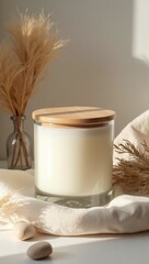 Soy Candle in Clear Glass Jar on Linen Fabric with Dried Plants Cozy Natural Eco Home Mock Up
