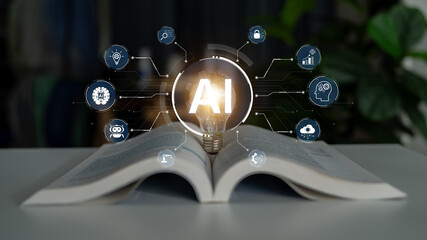 Fototapeta premium A concept of a multifunctional AI platform. This central intelligence hub powers various business operations, including automation, security, data analysis, and innovation. Fermion