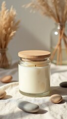 Soy Candle in Clear Glass Jar on Linen Fabric with Dried Plants Cozy Natural Eco Home Mock Up