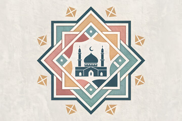 Fototapeta premium Geometric Mosque Illustration – Islamic Architecture with Crescent Moon and Festive Frames