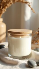 Soy Candle in Clear Glass Jar on Linen Fabric with Dried Plants Cozy Natural Eco Home Mock Up