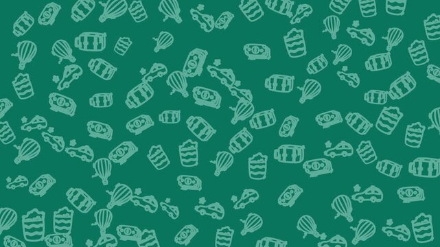 animated summer holiday icon seamless pattern teal background with white illustrations of hot air balloons, cars, shells. Perfect for travel posters, summer designs, or adventure themes.