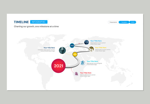 Company Global Business Timeline Infographic with World Map History and Annual Milestones