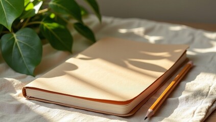 Recycled Kraft Paper Notebook Mock-Up on Linen Cloth with Pencil and Soft Natural Light Eco Workspace Scene