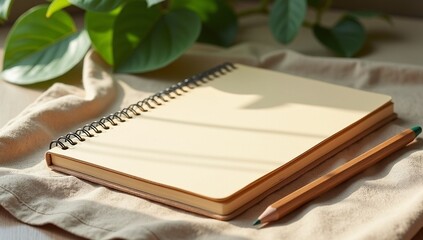 Recycled Kraft Paper Notebook Mock-Up on Linen Cloth with Pencil and Soft Natural Light Eco Workspace Scene