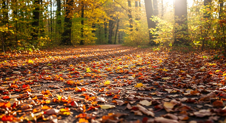 Fallen Leaves Pathway In Autumn Park With Sunlight