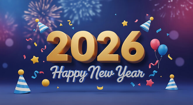 Celebrate New Year 2026 with a festive vibe featuring party hats, balloons, and confetti in a fun, modern design that captures the excitement of the holiday