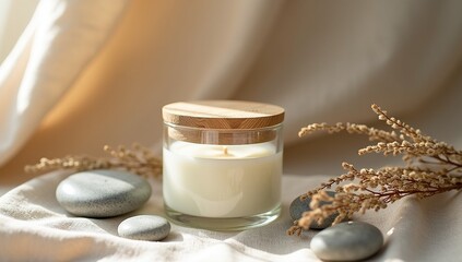Soy Candle in Clear Glass Jar on Linen Fabric with Dried Plants Cozy Natural Eco Home Mock Up