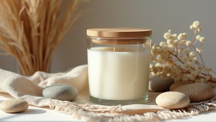 Soy Candle in Clear Glass Jar on Linen Fabric with Dried Plants Cozy Natural Eco Home Mock Up