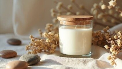 Soy Candle in Clear Glass Jar on Linen Fabric with Dried Plants Cozy Natural Eco Home Mock Up