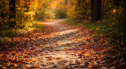 Fallen Leaves Pathway In Autumn Park With Sunlight