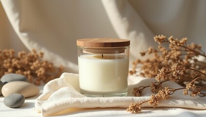 Soy Candle in Clear Glass Jar on Linen Fabric with Dried Plants Cozy Natural Eco Home Mock Up