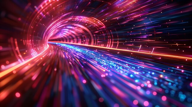 Glowing tunnel with vibrant colors and light streaks creating a sense of speed travel